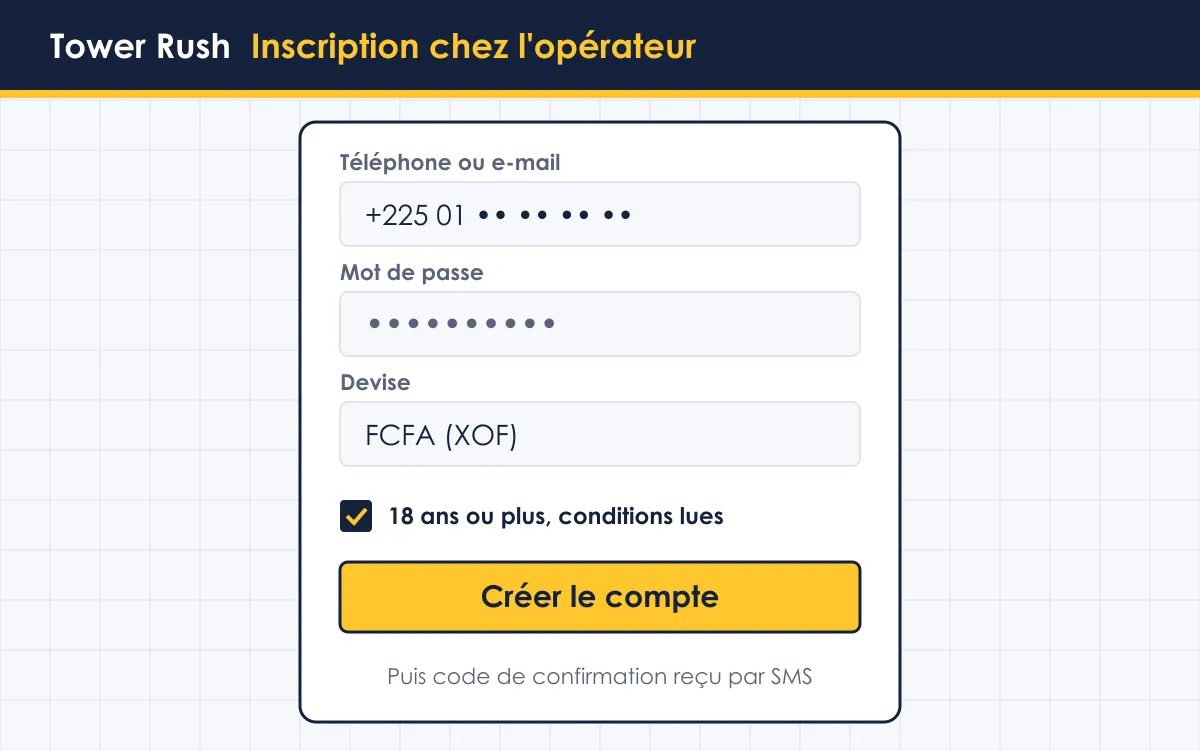 Écran de connexion pour Tower Rush inscription et login en Côte d'Ivoire